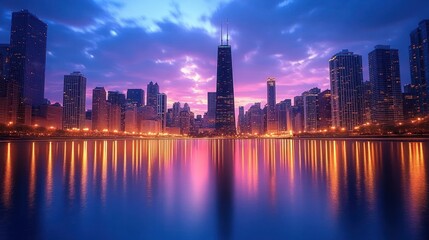 Obraz premium City skyline at dusk with illuminated skyscrapers reflecting on calm water under a colorful purple and pink sky
