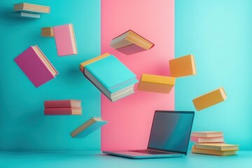 Colorful books floating in mid-air above a laptop on a blue and pink background, creating a sense of knowledge exchange and digital learning