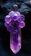 Obraz premium Close-up view of a polished amethyst crystal pendant with cluster formations, showcasing vibrant purple hues and natural geometric facets against a dark textured background