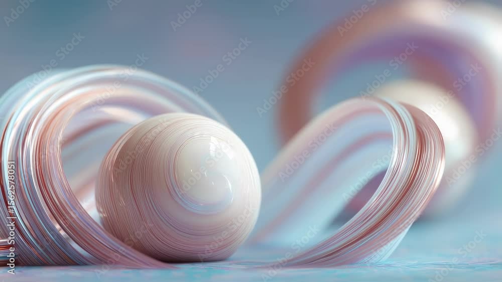 Poster an ethereal arrangement of rotating spheres in delicate pastel hues spirals in soft abstract motion 