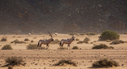 Two graceful antelopes traverse a sun-drenched desert landscape, their long horns silhouetted against a rugged mountain backdrop.