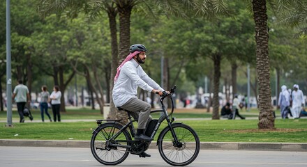 Man in traditional attire enjoys a leisurely electric bike ride through a lush park, showcasing a serene and healthy lifestyle.