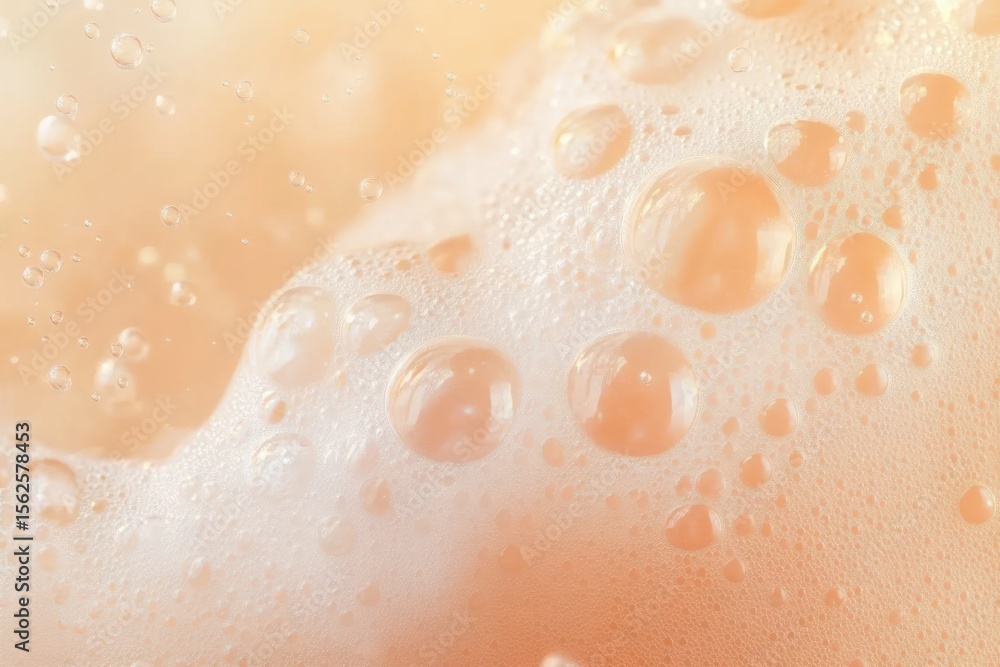 Poster close-up view of translucent, peach-colored bubbles and foam with soft light reflection creating a s