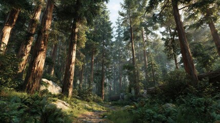 Obraz premium Serene Sunlight Filtering Through Redwood Forest Canopy