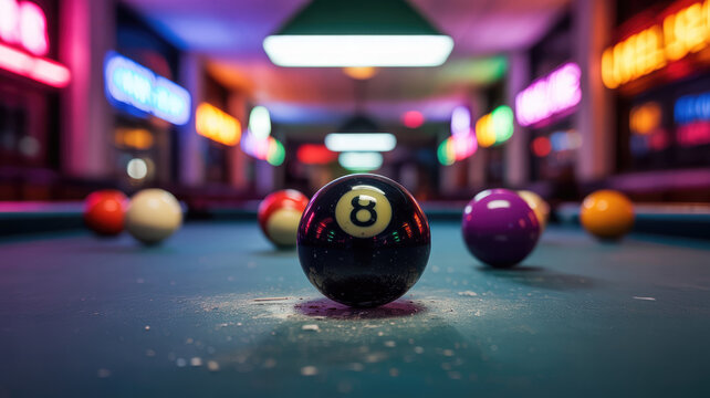 A pool table with a black 8 ball in the center. The balls are scattered around the table, with some closer to the edge and others further back. The scene is set in a dimly lit room with neon lights