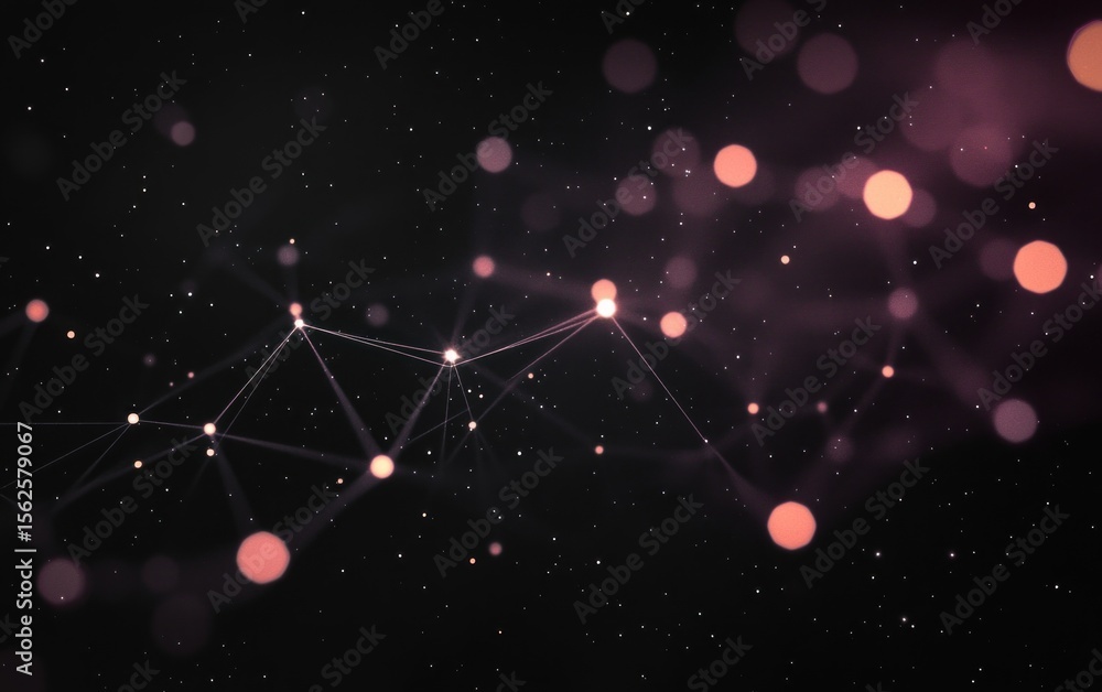 Poster abstract digital network with glowing nodes connected by thin lines on a dark background, evoking a 
