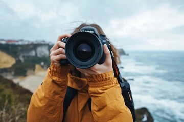 Person wearing a mustard jacket holding a large camera and taking a photo near a cliff by the ocean under a cloudy sky
