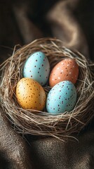 Obraz premium Close-up of four colorful speckled eggs in a natural woven bird nest resting on a textured brown fabric background, evoking a cozy and rustic feeling