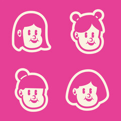 Vector cartoon of four smiling girl faces with cute hairstyles on bold pink background. Playful and fun character set, perfect for kids branding, icons, or mascot use. EPS format