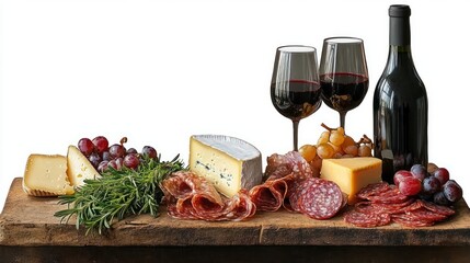 Assortment of gourmet cheese, cured meats, fresh grapes, and rosemary herb on a rustic wooden board with two glasses of red wine and a sealed wine bottle, evoking a cozy, elegant dining experience