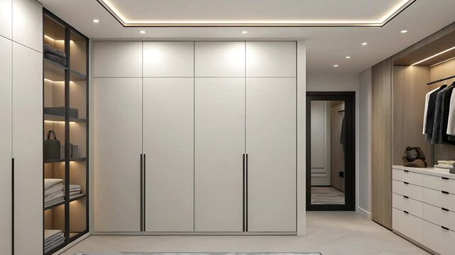 Modern walk in closet with white wardrobe cabinets and drawers in a well lit room space
