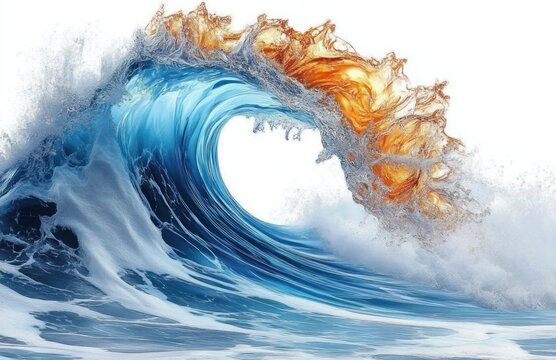 Dynamic ocean wave curling with vibrant blue water and fiery orange splash forming a striking contrast against a white background