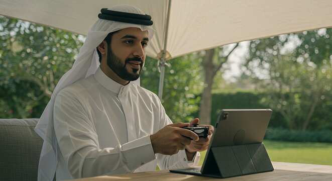 Relaxed man in traditional clothing enjoys a video game on a tablet outdoors.