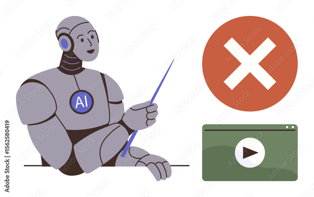 Poster ai robot holding pointer near red cross sign and video player. ideal for safety, restriction, techno