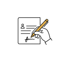 Hand holding pen signing document on white background, concept of Hotel staff  