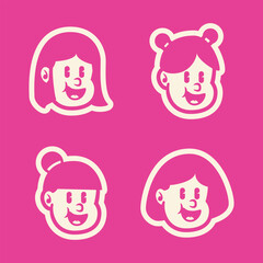 Vector cartoon of four smiling girl faces with cute hairstyles on bold pink background. Playful and fun character set, perfect for kids branding, icons, or mascot use. EPS format