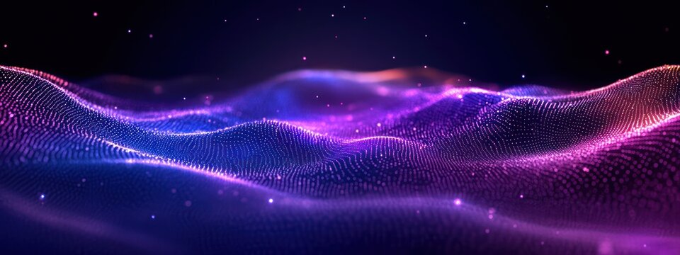 Abstract digital landscape composed of flowing waves made of luminous blue and purple particles against dark background conveying futuristic and dynamic energy