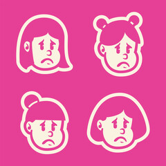 Vector cartoon of four smiling girl faces with cute hairstyles on bold pink background. Playful and fun character set, perfect for kids branding, icons, or mascot use. EPS format