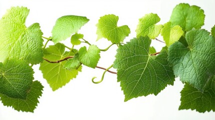 Close-up of vibrant green grapevine leaves on a thin brown vine against a clean white background