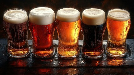 Five frosty glasses of beer in varying shades from light amber to dark brown with foamy heads and condensation on the glass, set on a rustic wooden surface