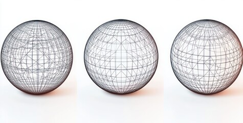Three transparent spheres with intricate geometric wireframe patterns arranged horizontally on a white surface, showcasing symmetry and complexity