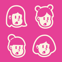 Vector cartoon of four smiling girl faces with cute hairstyles on bold pink background. Playful and fun character set, perfect for kids branding, icons, or mascot use. EPS format