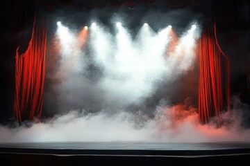 Empty stage with red curtains and dramatic white and orange stage lights illuminating fog and smoke creating a mysterious atmosphere
