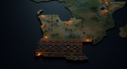 Illuminated map showcasing a nation's unique cultural heritage, symbolized by a vibrant textile pattern replacing its lower region.