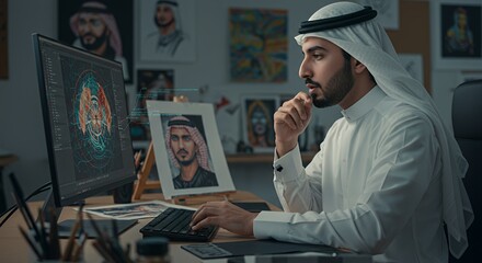 Focused Arab man in traditional attire thoughtfully works on a digital design project, immersed in his creative process.