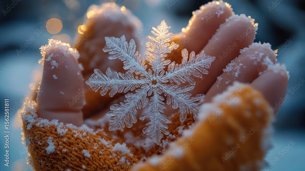 Poster close-up of a delicate snowflake resting on a gloved hand with golden sunlight softly illuminating t