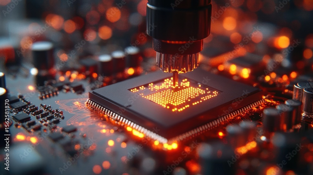 Poster close-up of a circuit board with a glowing microchip being constructed or repaired by a precise robo