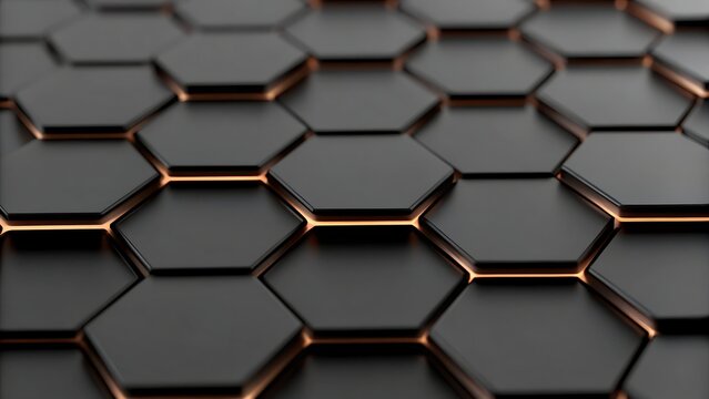 Close up of a dark gray honeycomb pattern with orange glowing lines in between cells