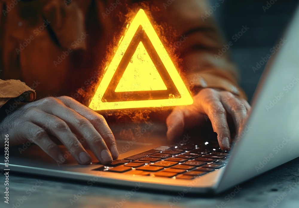 Poster person typing on a laptop with a glowing orange triangle warning symbol hovering above the keyboard,