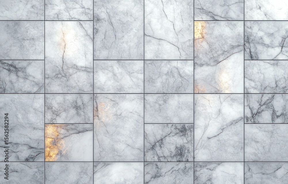 Poster close-up view of a tiled marble surface with various light gray and white marble tiles featuring nat