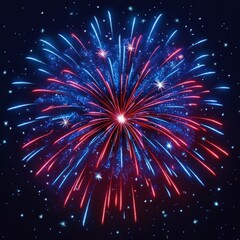 Bright red and blue fireworks exploding against a dark night sky with sparkling star-like bursts surrounding the display