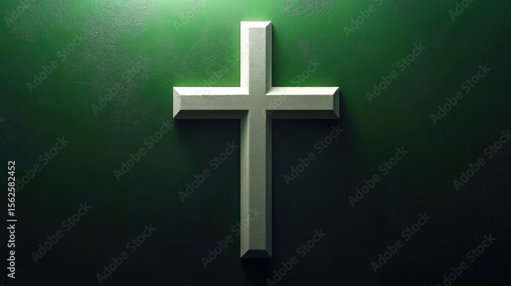 Poster a three-dimensional white cross casting shadows on a textured dark green background symbolizing fait