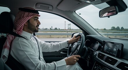 Man in traditional Middle Eastern attire drives a modern car on a highway, enjoying the journey and the open road ahead.