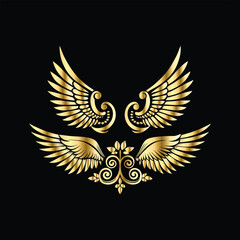 Gold floral round frame on black background. Vector design element for greeting card, wedding invitation, save the date card. Vintage gold floral round frame. Luxury design element. Vector illustrati
