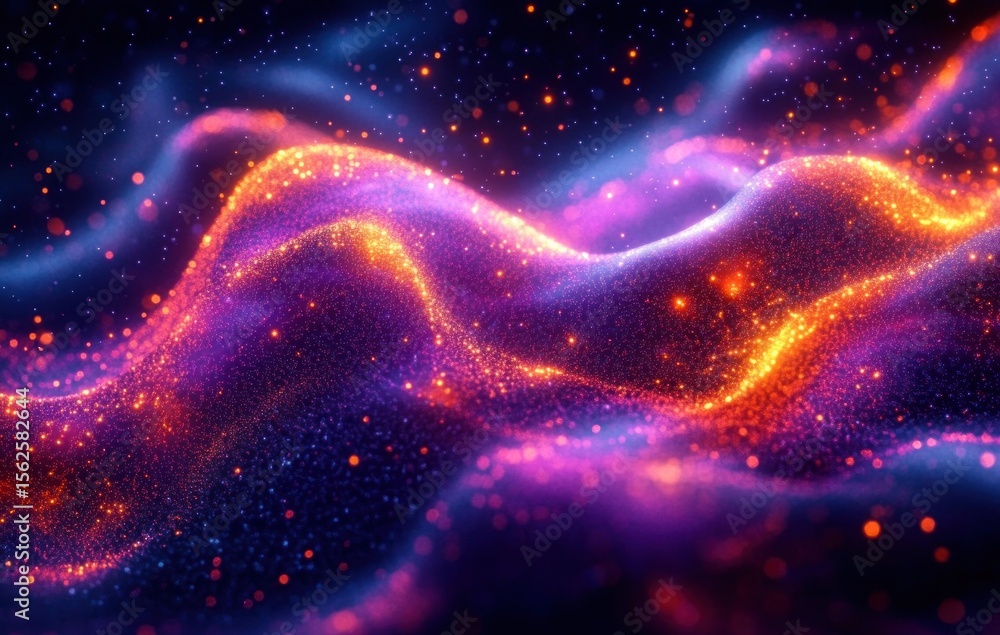Poster abstract glowing waves of purple and orange particles flowing smoothly over a dark background creati
