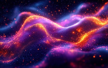 Abstract glowing waves of purple and orange particles flowing smoothly over a dark background creating a sense of motion and energy