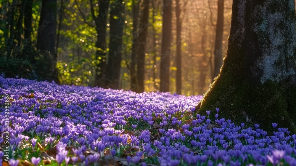 Poster sunlight filtering through tall trees in a forest illuminating a dense carpet of blooming purple cro