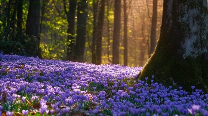 Sunlight filtering through tall trees in a forest illuminating a dense carpet of blooming purple crocus flowers around a moss-covered tree trunk