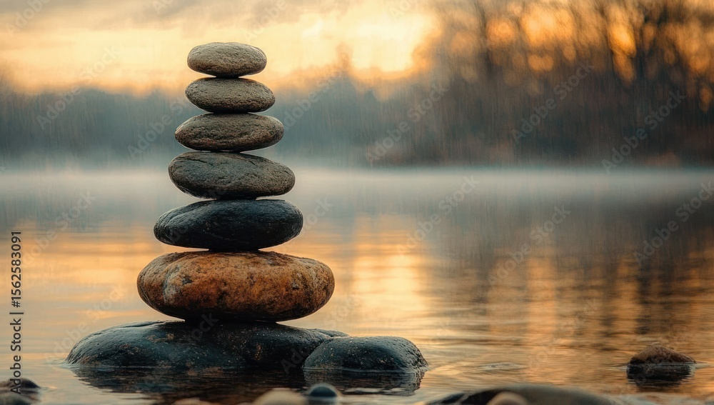Poster stack of smooth stones balanced on rocks at the edge of calm water during a warm orange sunset with 