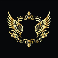 Gold floral round frame on black background. Vector design element for greeting card, wedding invitation, save the date card. Vintage gold floral round frame. Luxury design element. Vector illustrati
