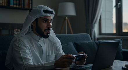 A young man in traditional Middle Eastern attire relaxes at home, engrossed in a handheld game console while a laptop sits nearby.