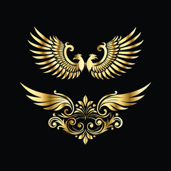 Gold floral round frame on black background. Vector design element for greeting card, wedding invitation, save the date card. Vintage gold floral round frame. Luxury design element. Vector illustrati
