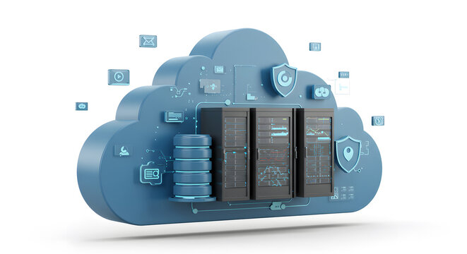 Blue Cloud Hosting Data Servers Security Icons on White Background - Powered by Adobe