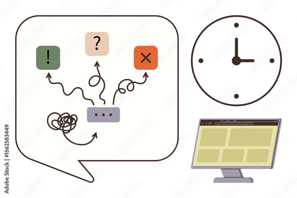 Poster decision-making process with tangled paths, exclamation, question, and cross marks, a clock, and a w