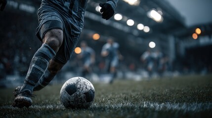 Focused footballer maneuvering a dirty soccer ball