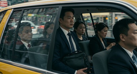 Confident businesspeople ride in a yellow taxi cab, navigating the city streets during their busy workday.